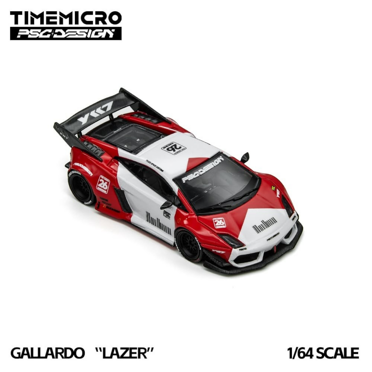 Lot57Supplies Diecast Shop 1:64 scale TimeMicro x PSC DESIGN Gallardo Lazer diecast car in red and white livery