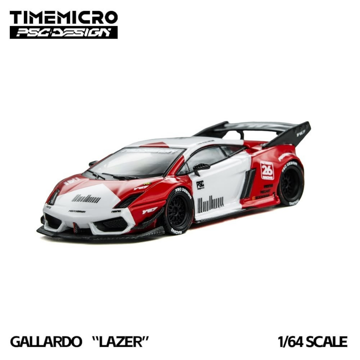 Lot57Supplies Diecast Shop 1:64 scale TimeMicro x PSC DESIGN Gallardo Lazer diecast car in red and white livery