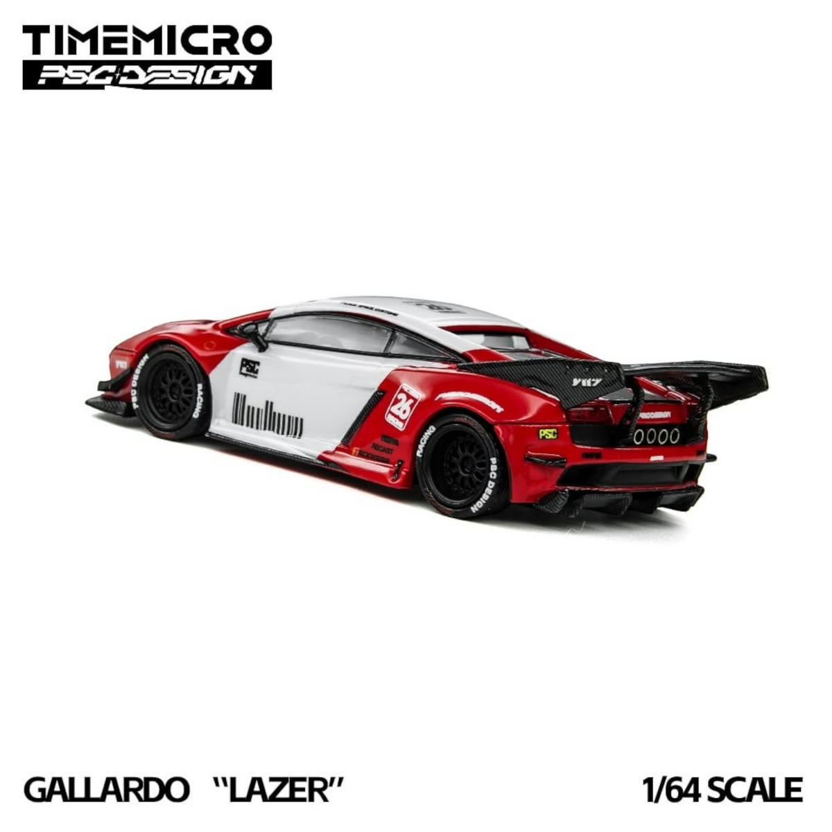 Lot57Supplies Diecast Shop 1:64 scale TimeMicro x PSC DESIGN Gallardo Lazer diecast car in red and white livery