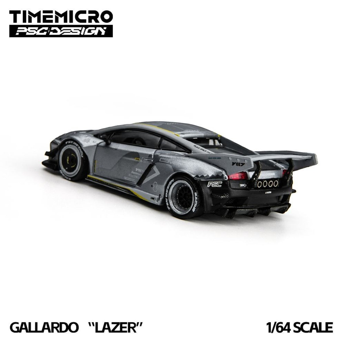 Lot57Supplies Diecast Shop TimeMicro x PSC DESIGN Gallardo Lazer diecast model car in fighter jet gray, 1:64 scale.
