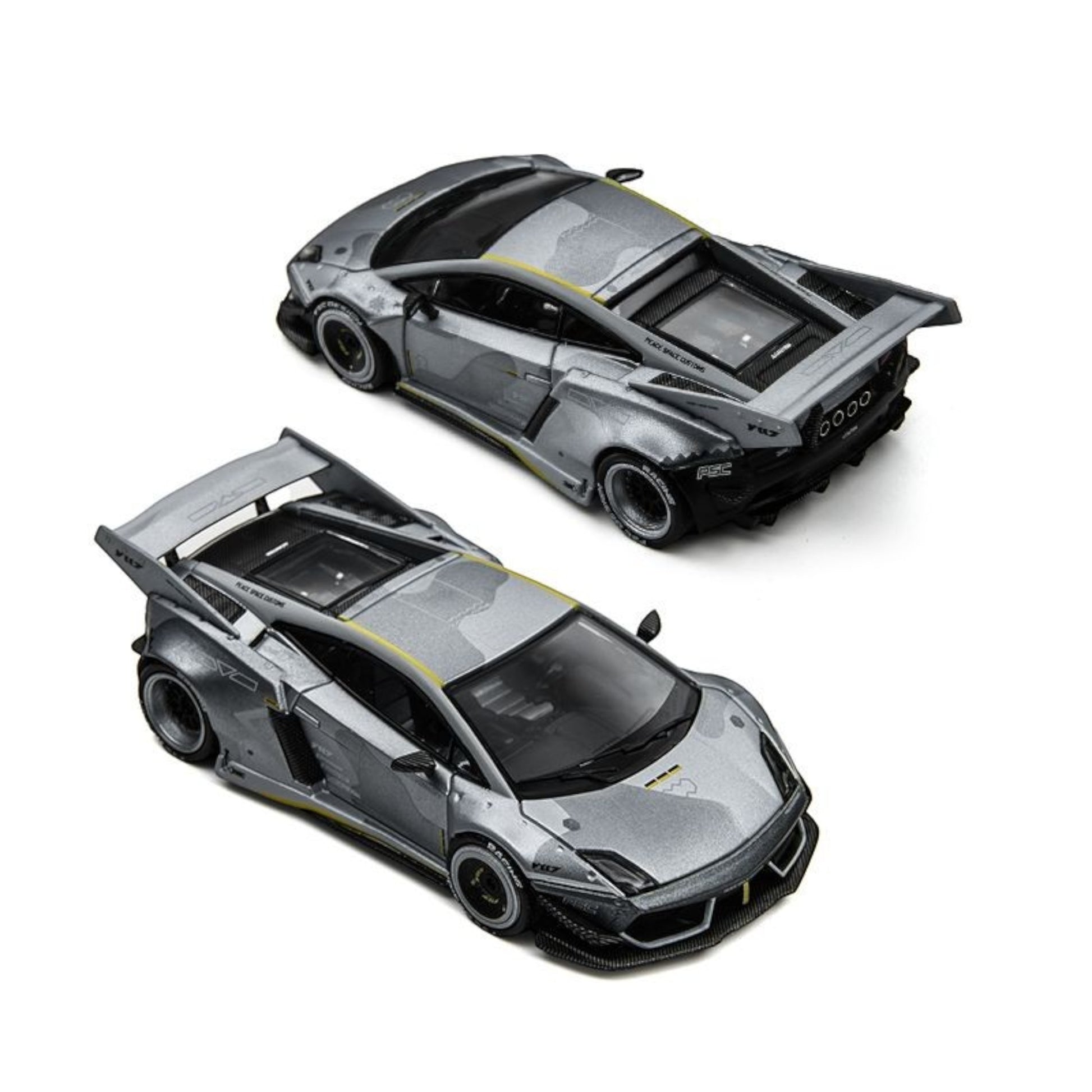 Two Lot57Supplies Diecast Shop TimeMicro x PSC DESIGN Gallardo Lazer diecast cars in fighter jet gray with decals.