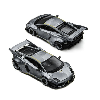 Two Lot57Supplies Diecast Shop TimeMicro x PSC DESIGN Gallardo Lazer diecast cars in fighter jet gray with decals.
