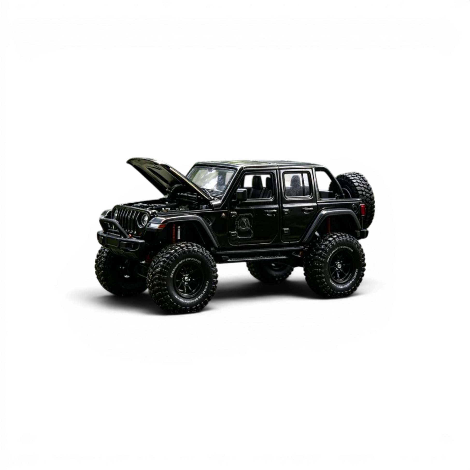 Lot57Supplies Diecast Shop GCD Jeep Wrangler Rubicon 1:64 scale black alloy diecast model with hood open.