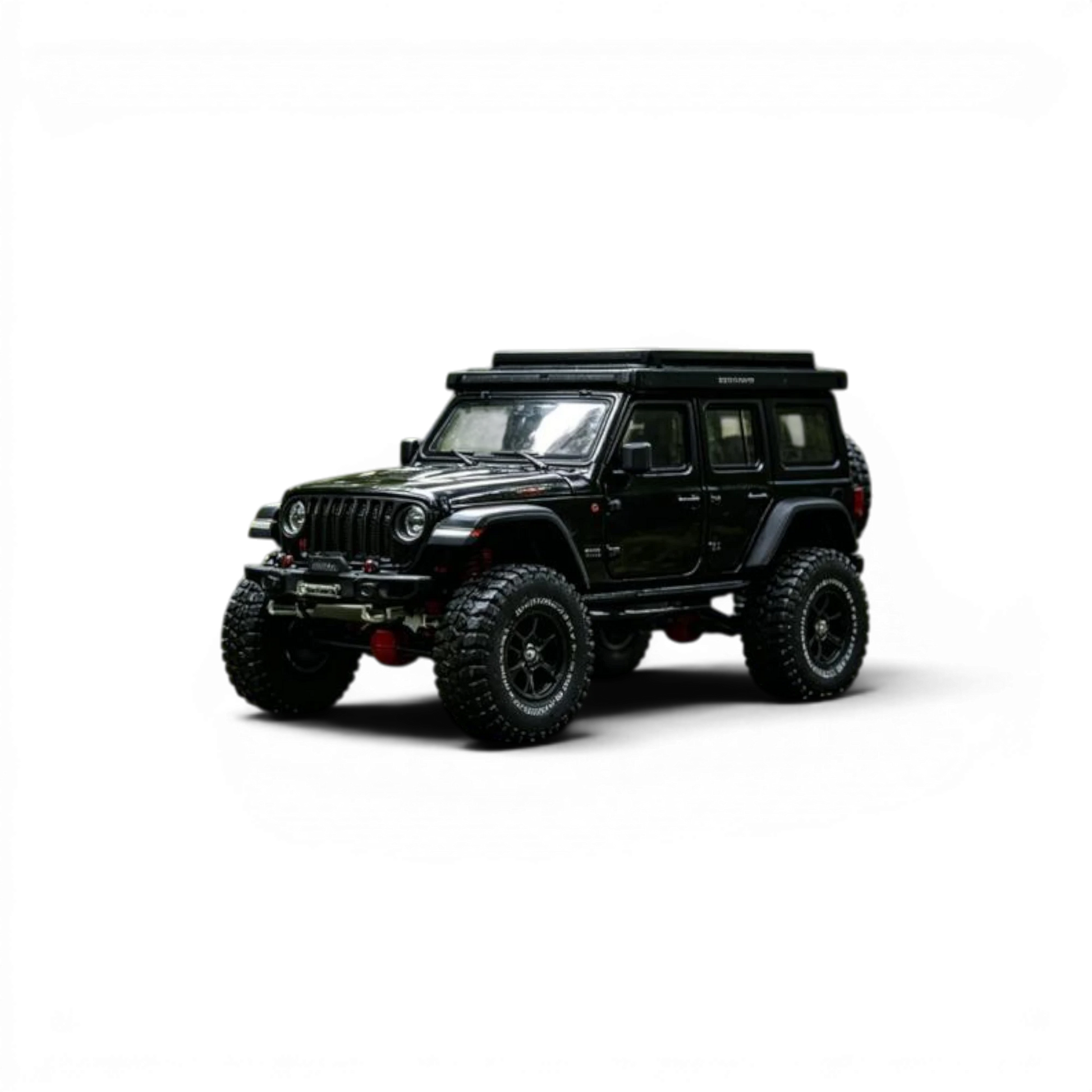 Lot57Supplies Diecast Shop GCD Jeep Wrangler Rubicon 1:64 scale black alloy diecast model with roof rack and off-road tires.