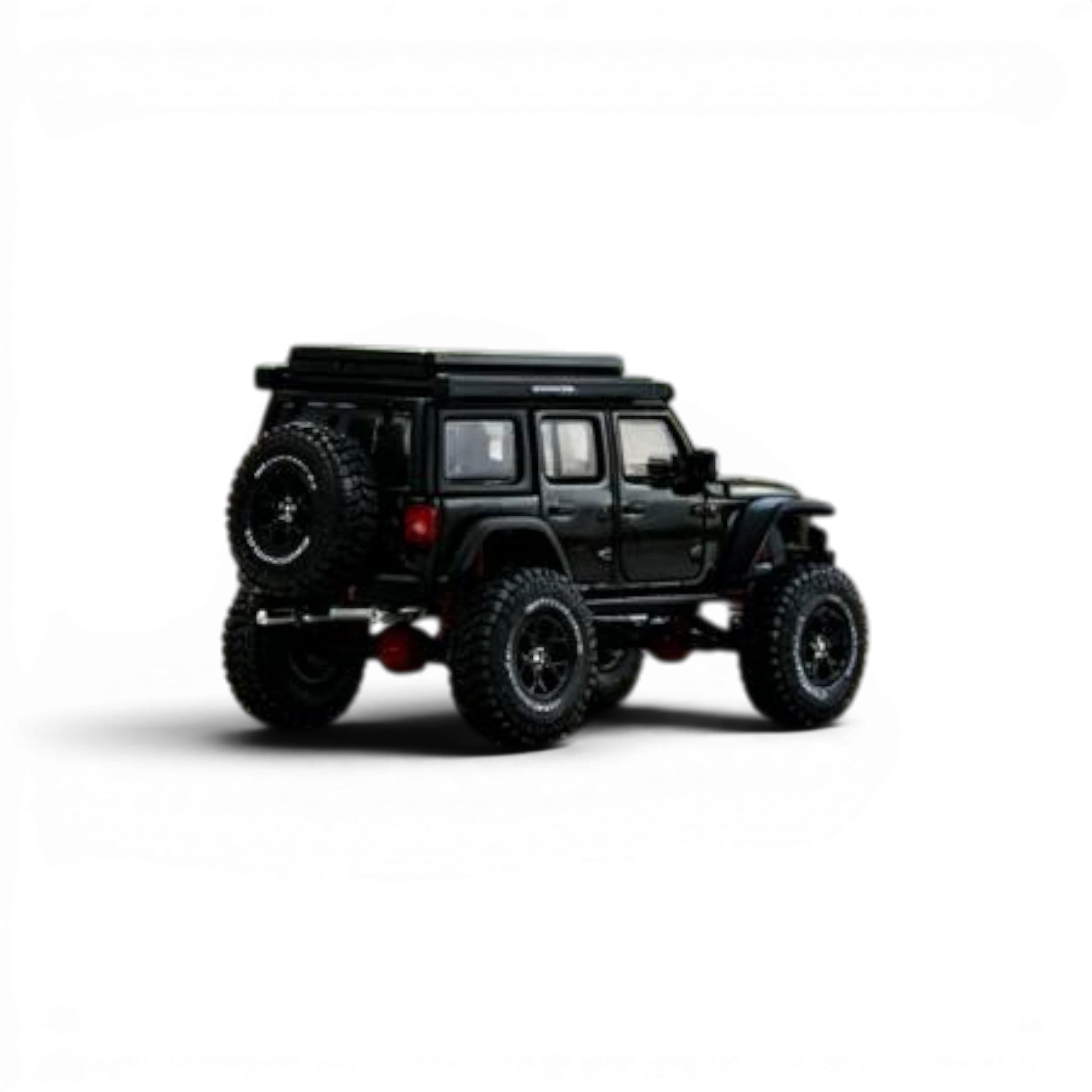 Lot57Supplies Diecast Shop GCD Jeep Wrangler Rubicon 1:64 scale black alloy diecast model with roof rack and spare tire.