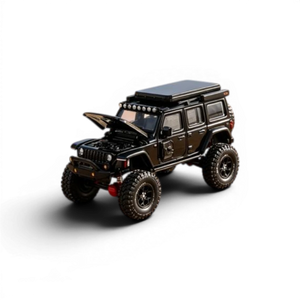 Lot57Supplies Diecast Shop GCD Jeep Wrangler Rubicon 1:64 scale black alloy diecast model with roof rack and open hood.