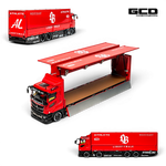 Lot57Supplies Diecast Shop 1:64 scale GCD LBWK Mitsubishi Fuso diecast truck in red and black with opening trailer.