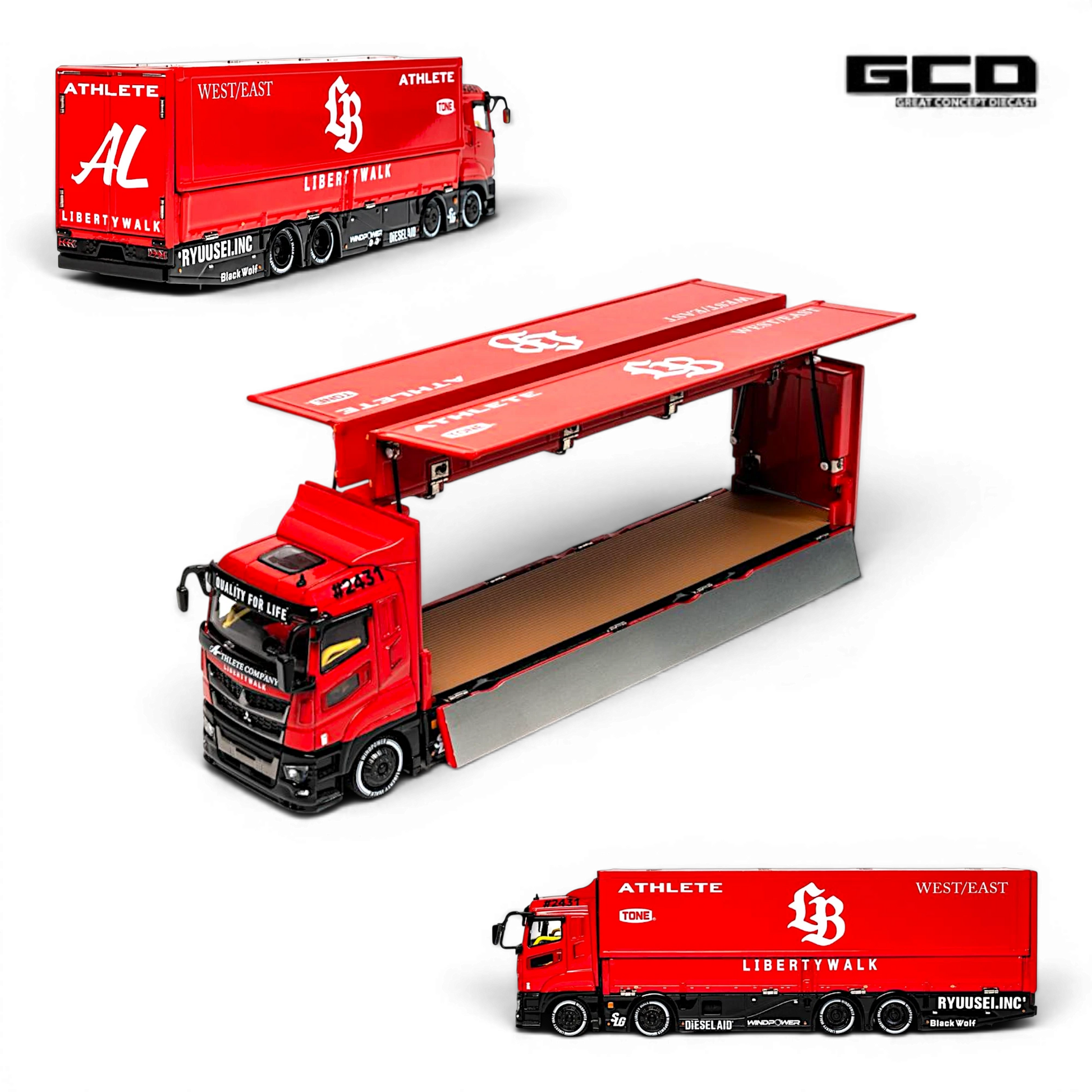 Lot57Supplies Diecast Shop 1:64 scale GCD LBWK Mitsubishi Fuso diecast truck in red and black with opening trailer.
