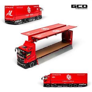 Lot57Supplies Diecast Shop 1:64 scale GCD LBWK Mitsubishi Fuso diecast truck in red and black with opening trailer.