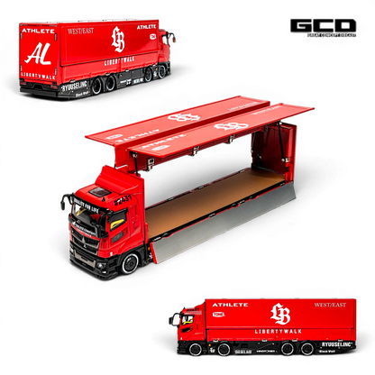 Lot57Supplies Diecast Shop 1:64 scale GCD LBWK Mitsubishi Fuso diecast truck in red and black with opening trailer.