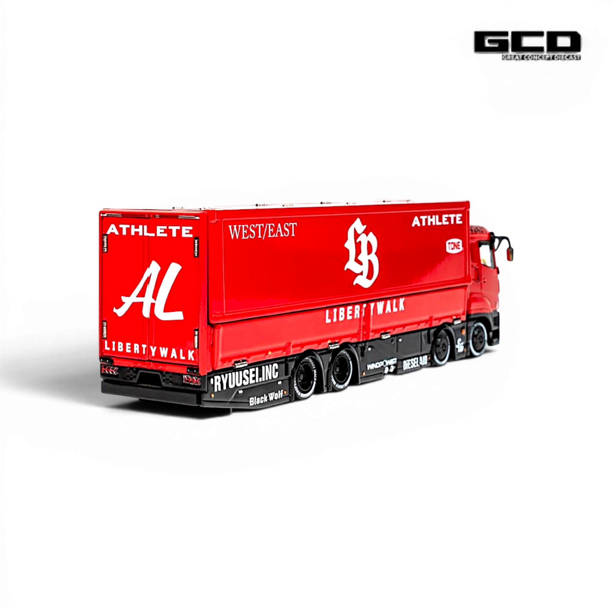 Lot57Supplies Diecast Shop 1:64 scale red and black GCD LBWK Mitsubishi Fuso diecast truck with racing decals.