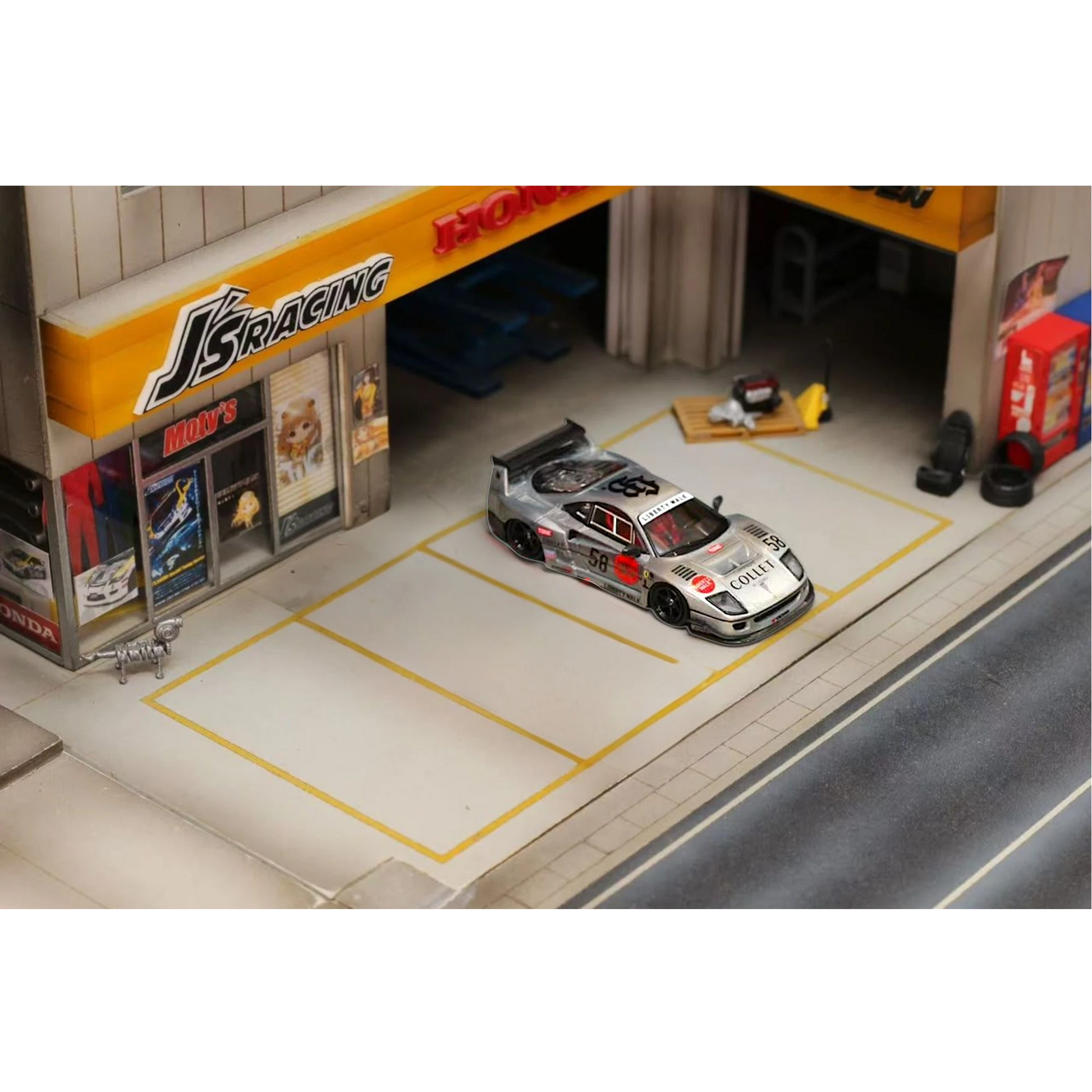 Lot57Supplies Diecast Shop GHOST PLAYER LBWK F40 diecast car in clear varnish 58 livery parked in a garage diorama