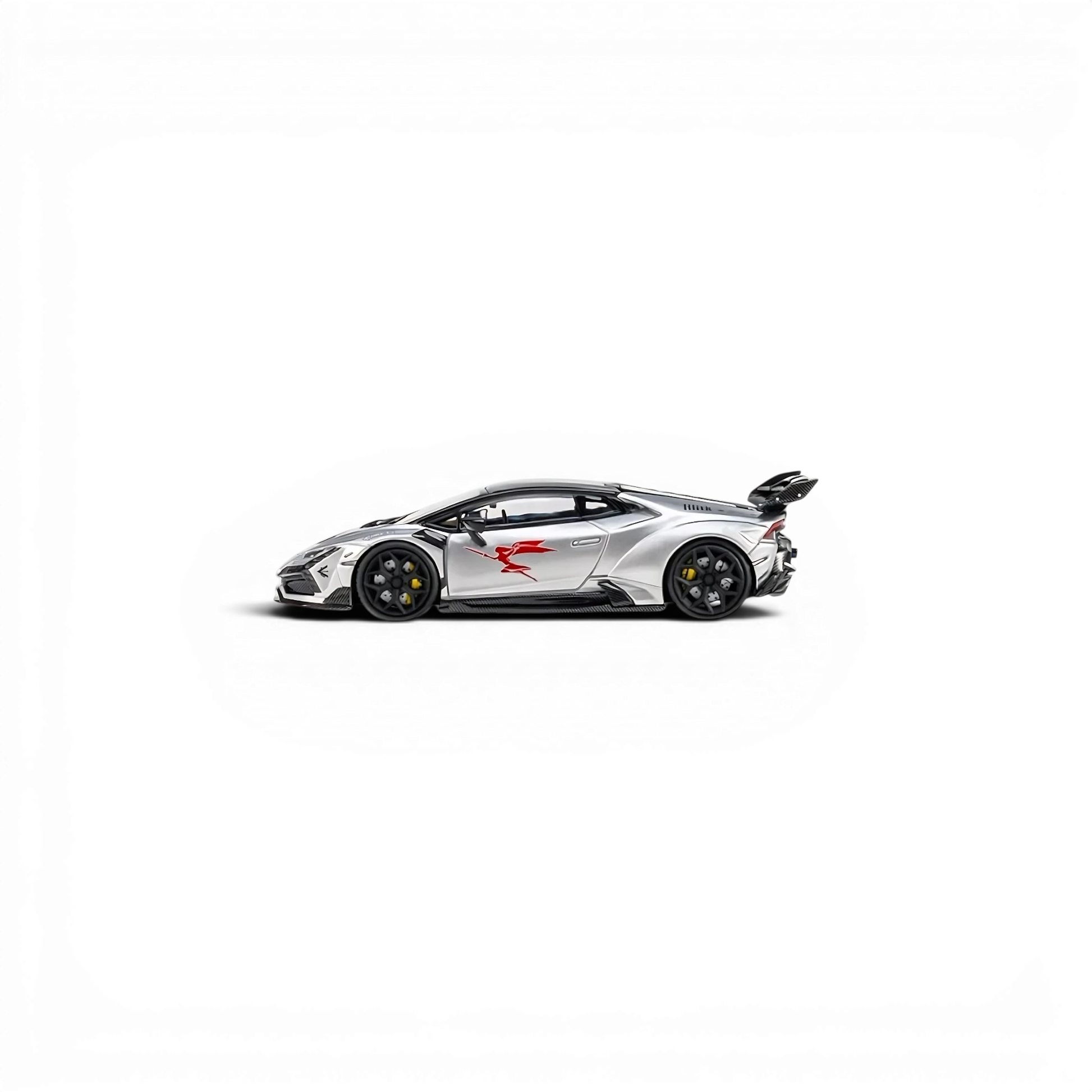 Lot57Supplies Diecast Shop KING MODEL DarwinPRO Huracan LILITH diecast car in glossy silver, 1:64 scale side view.