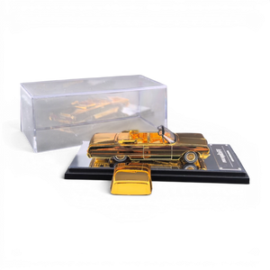 Lot57Supplies Diecast Shop 1:64 scale chrome gold Chevrolet Impala lowrider diecast model with display case