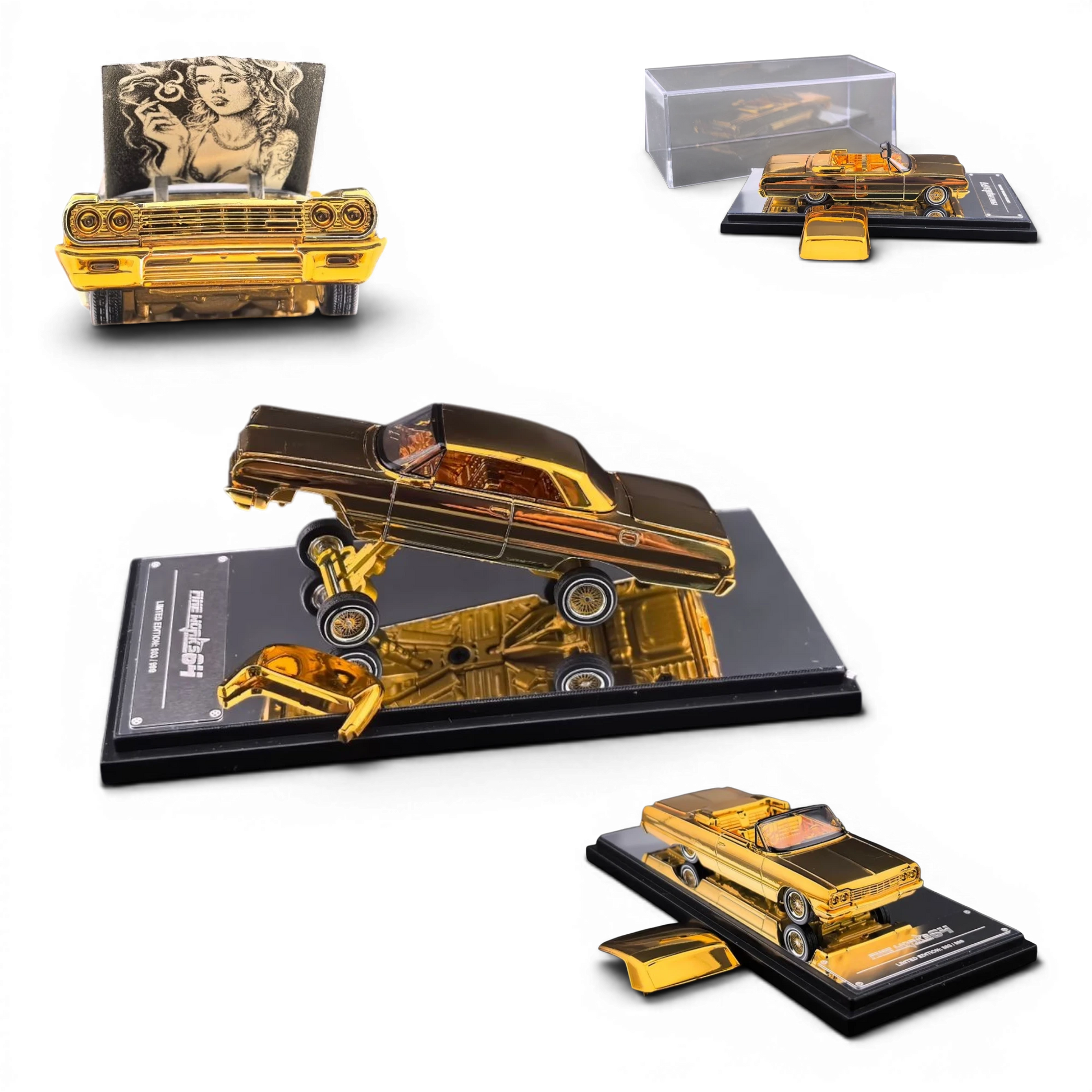 Lot57Supplies Diecast Shop 1:64 scale gold chrome Chevrolet Impala lowrider diecast model with adjustable chassis