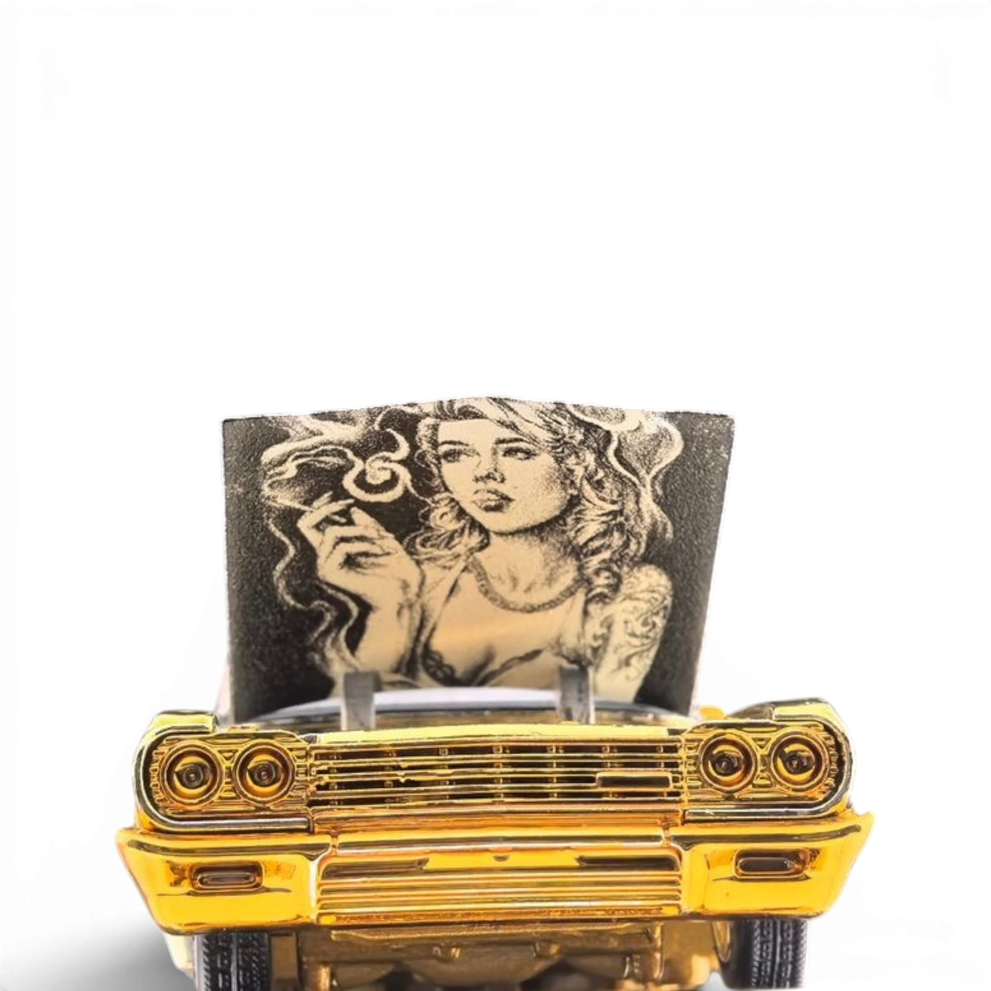 Lot57Supplies Diecast Shop 1:64 scale chrome gold Chevrolet Impala lowrider model with open hood and custom art