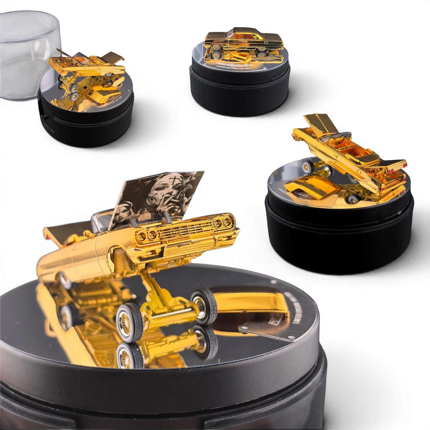 Lot57Supplies Diecast Shop 1:64 scale chrome gold Chevrolet Impala lowrider model with open hoods on a display stand.