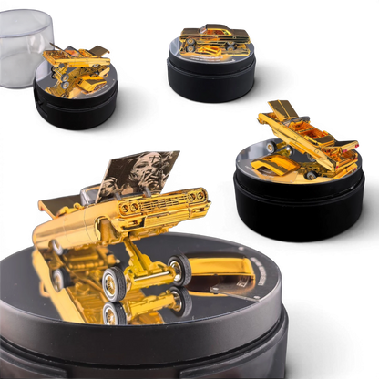 Lot57Supplies Diecast Shop 1:64 scale chrome gold Chevrolet Impala lowrider model with open hoods on a display stand.
