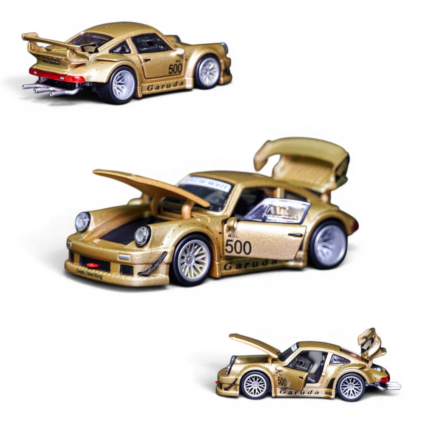 Lot57Supplies Diecast Shop TPC Customized Version RWB930 gold diecast model car with opening doors and hood in 1:64 scale
