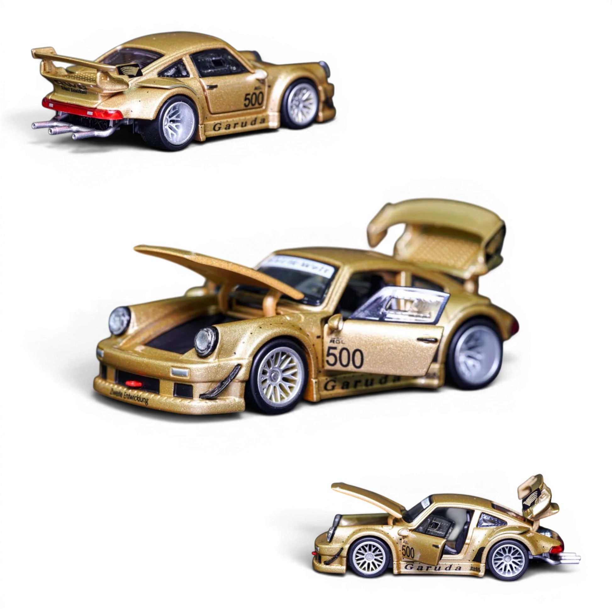 Lot57Supplies Diecast Shop TPC Customized Version RWB930 gold diecast model car with opening doors and hood in 1:64 scale
