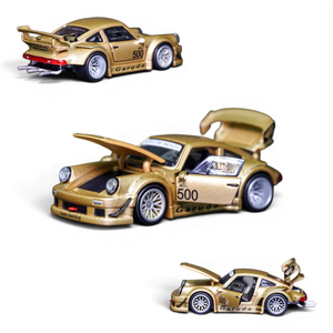 Lot57Supplies Diecast Shop TPC Customized Version RWB930 gold diecast model car with opening doors and hood in 1:64 scale