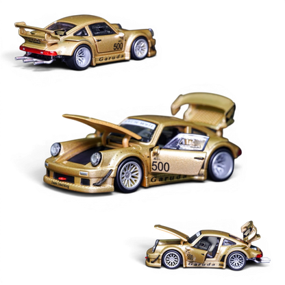 Lot57Supplies Diecast Shop TPC Customized Version RWB930 gold diecast model car with opening doors and hood in 1:64 scale