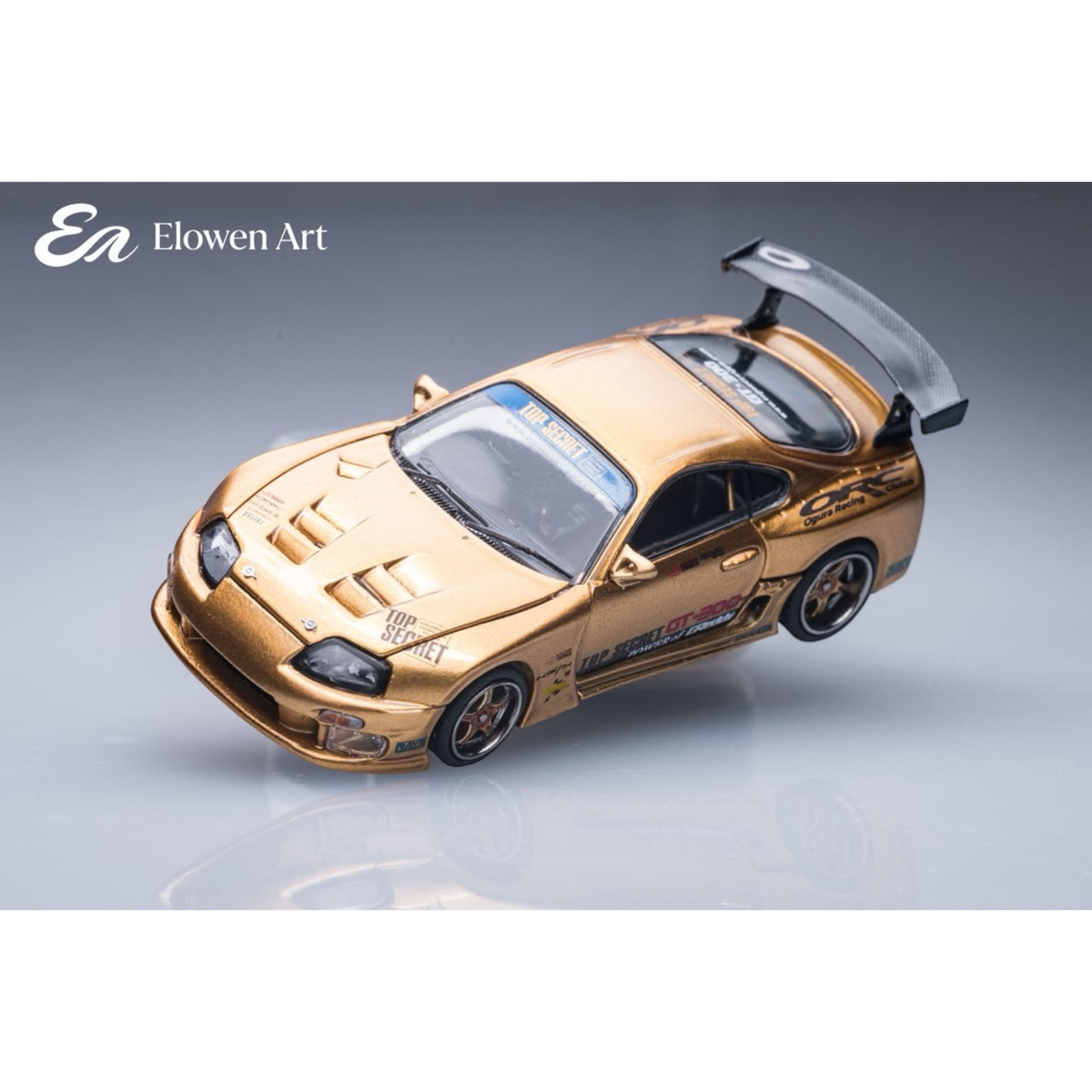 Lot57Supplies Diecast Shop Elowen Art 1:64 scale gold topSecret A80 Supra MK4 diecast model car with rear wing