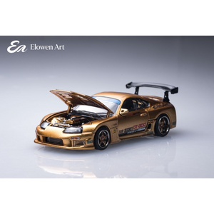 Lot57Supplies Diecast Shop Elowen Art 1:64 scale gold topSecret A80 Supra MK4 diecast model car with open hood