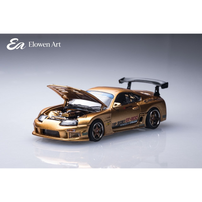Lot57Supplies Diecast Shop Elowen Art 1:64 scale gold topSecret A80 Supra MK4 diecast model car with open hood
