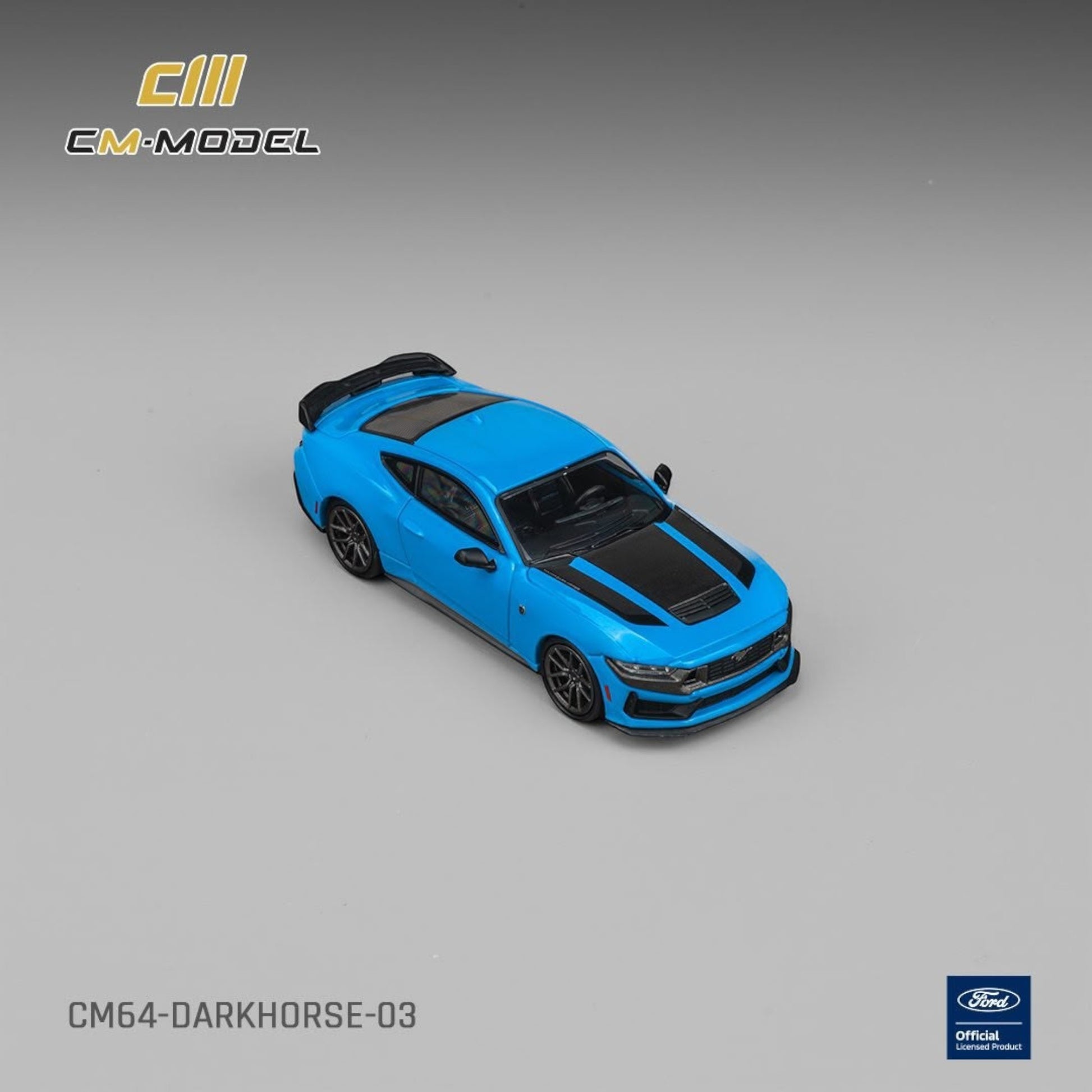 Lot57Supplies Diecast Shop 1:64 scale CM Model Ford Mustang Dark Horse in Grabber Blue with black hood stripes.