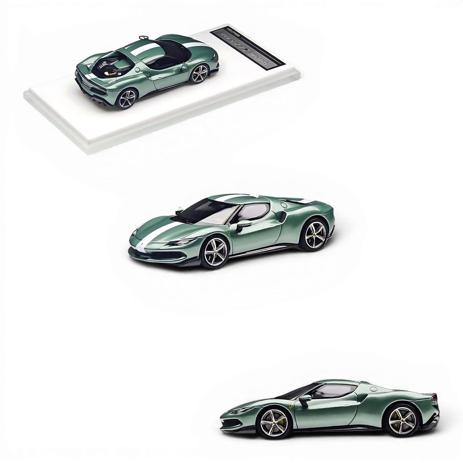 Lot57Supplies Diecast Shop 1:64 scale British green 296GTB diecast model car with white racing stripes on display base.