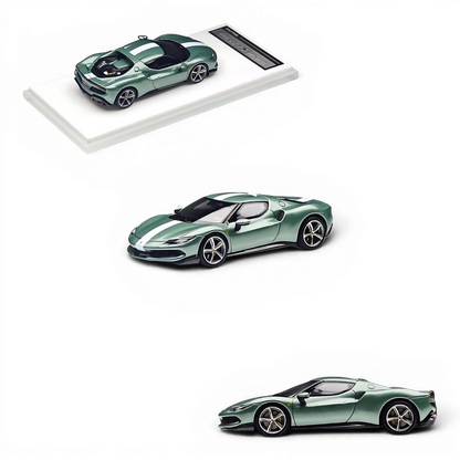 Lot57Supplies Diecast Shop 1:64 scale British green 296GTB diecast model car with white racing stripes on display base.