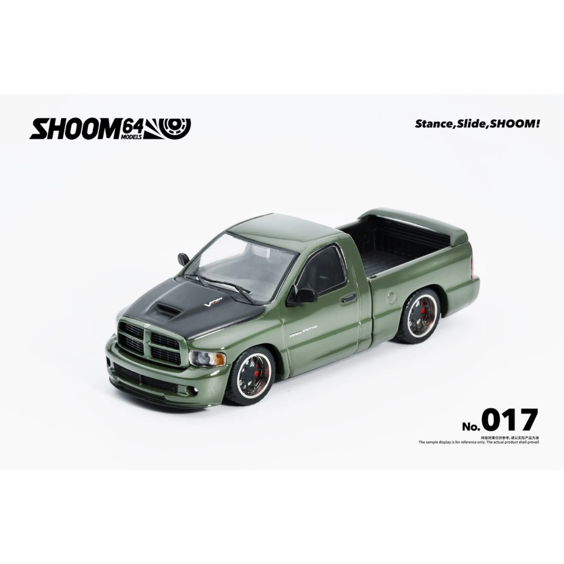 Lot57Supplies Diecast Shop SHOOM64 green Dodge RAM SRT-10 diecast model truck in 1:64 scale with black hood