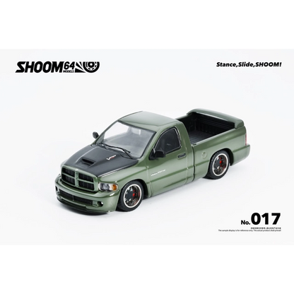 Lot57Supplies Diecast Shop SHOOM64 green Dodge RAM SRT-10 diecast model truck in 1:64 scale with black hood