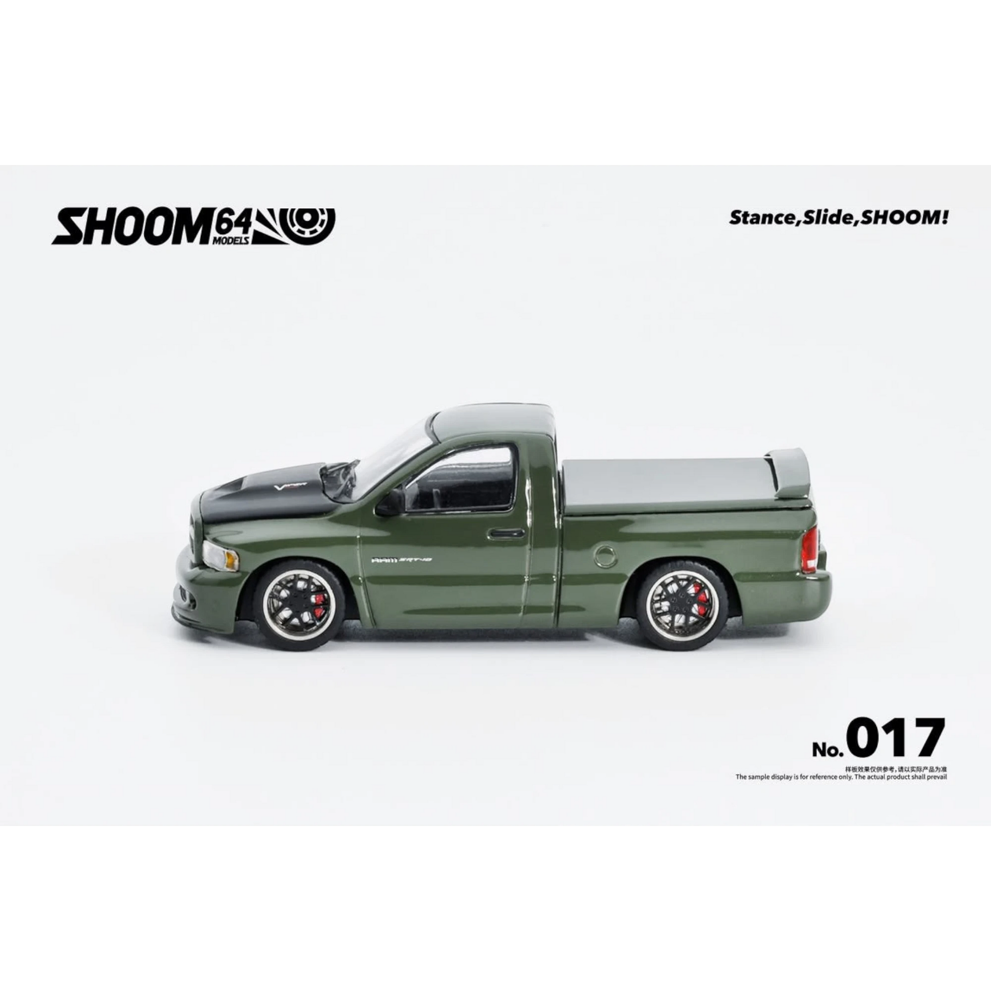 Lot57Supplies Diecast Shop SHOOM64 green Dodge RAM SRT-10 diecast model truck in 1:64 scale, side view.