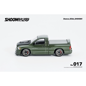 Lot57Supplies Diecast Shop SHOOM64 green Dodge RAM SRT-10 diecast model truck in 1:64 scale, side view.