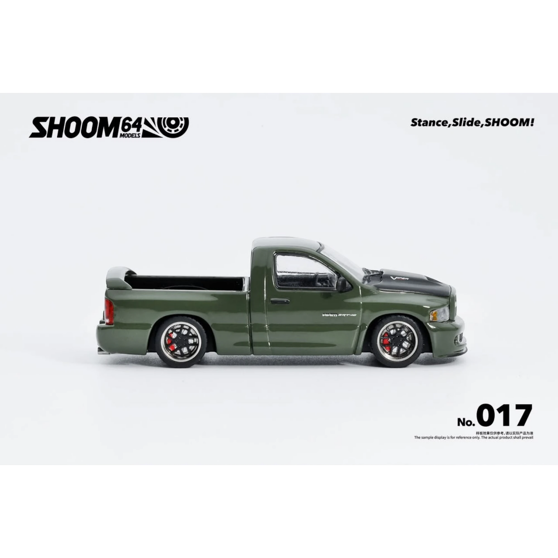 Lot57Supplies Diecast Shop SHOOM64 green Dodge RAM SRT-10 diecast model truck in 1:64 scale, side view