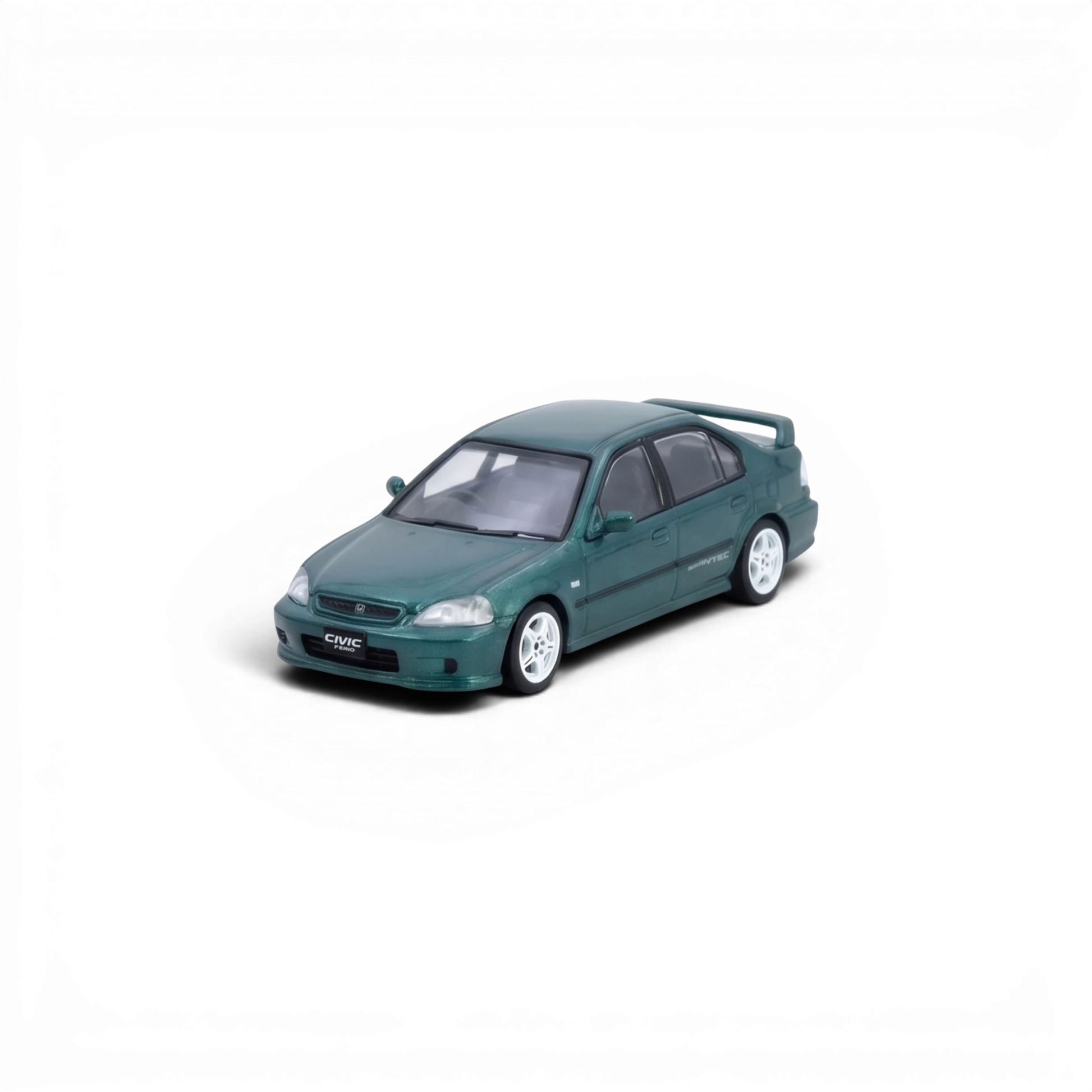 Lot57Supplies Diecast Shop green 1:64 scale diecast model of Honda Civic Ferio Si EK with white wheels.