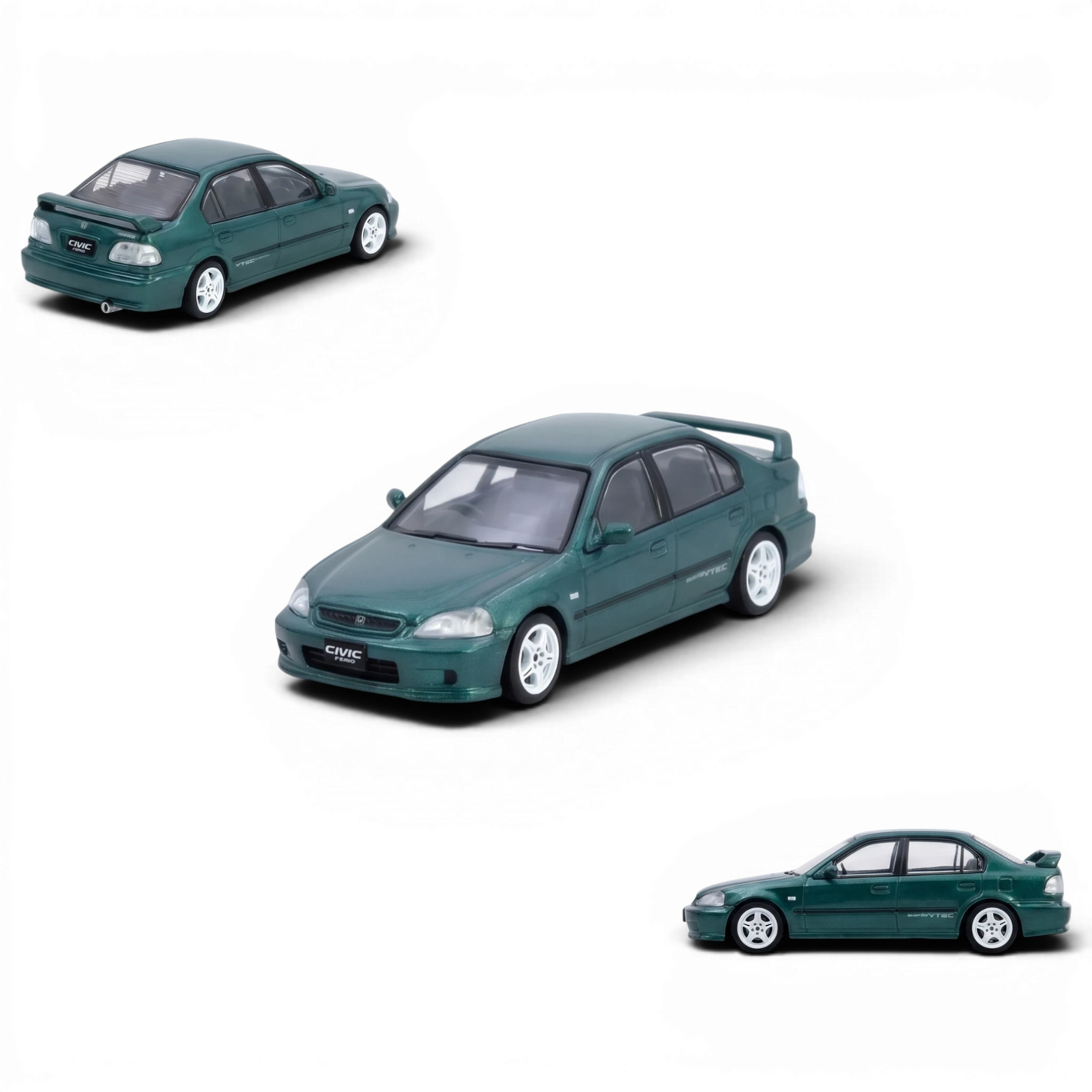 Lot57Supplies Diecast Shop green Honda Civic Ferio Si EK 1:64 scale diecast model car with white rims.