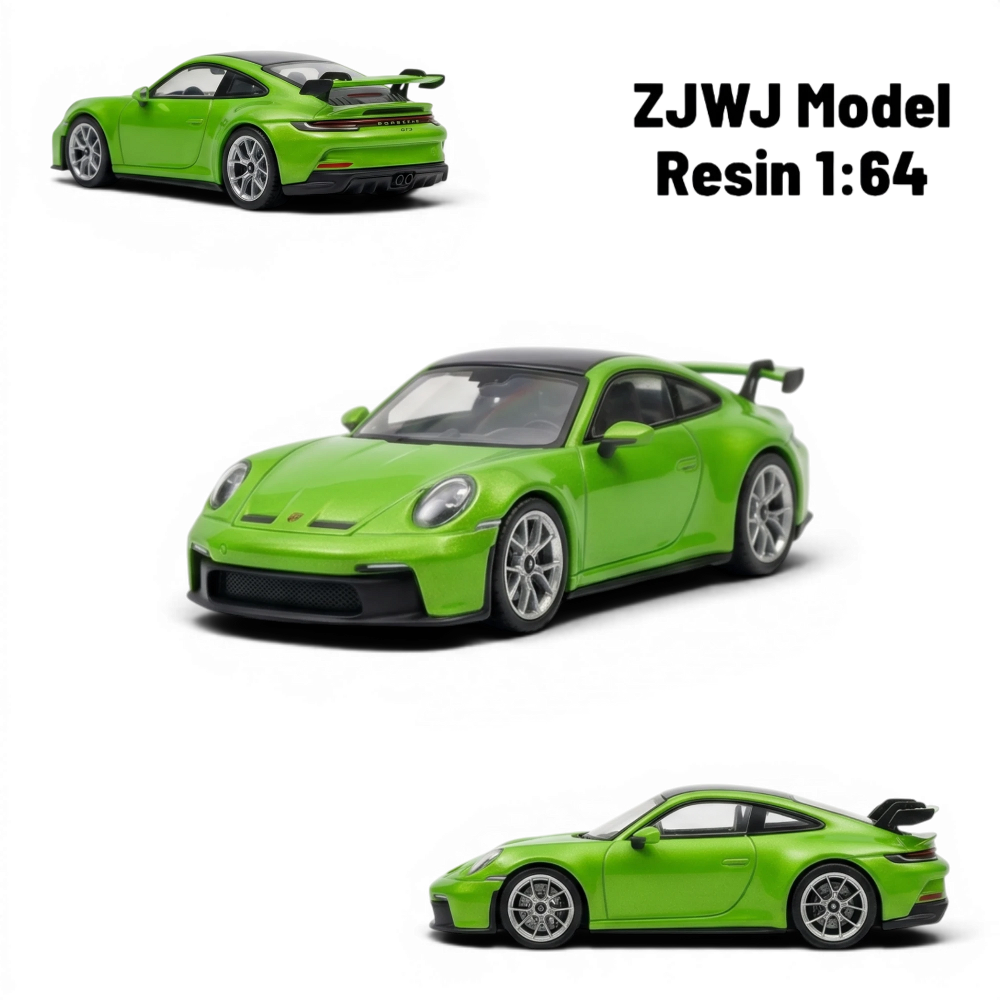 Lot57Supplies Diecast Shop green 1:64 scale resin Porsche 911 GT3 model with black accents and spoiler.