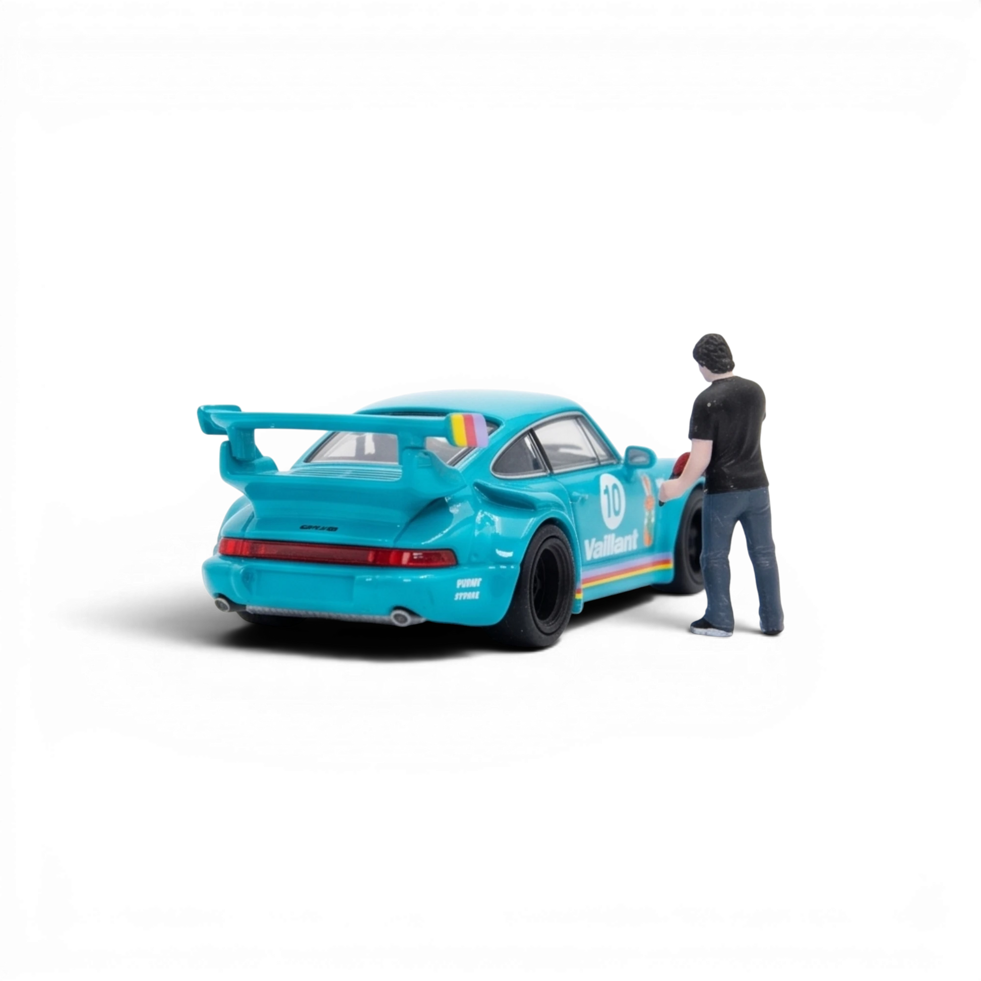 Lot57Supplies Diecast Shop 1:64 scale green Porsche RWB 964 Vaillant diecast model car with a mechanic figure