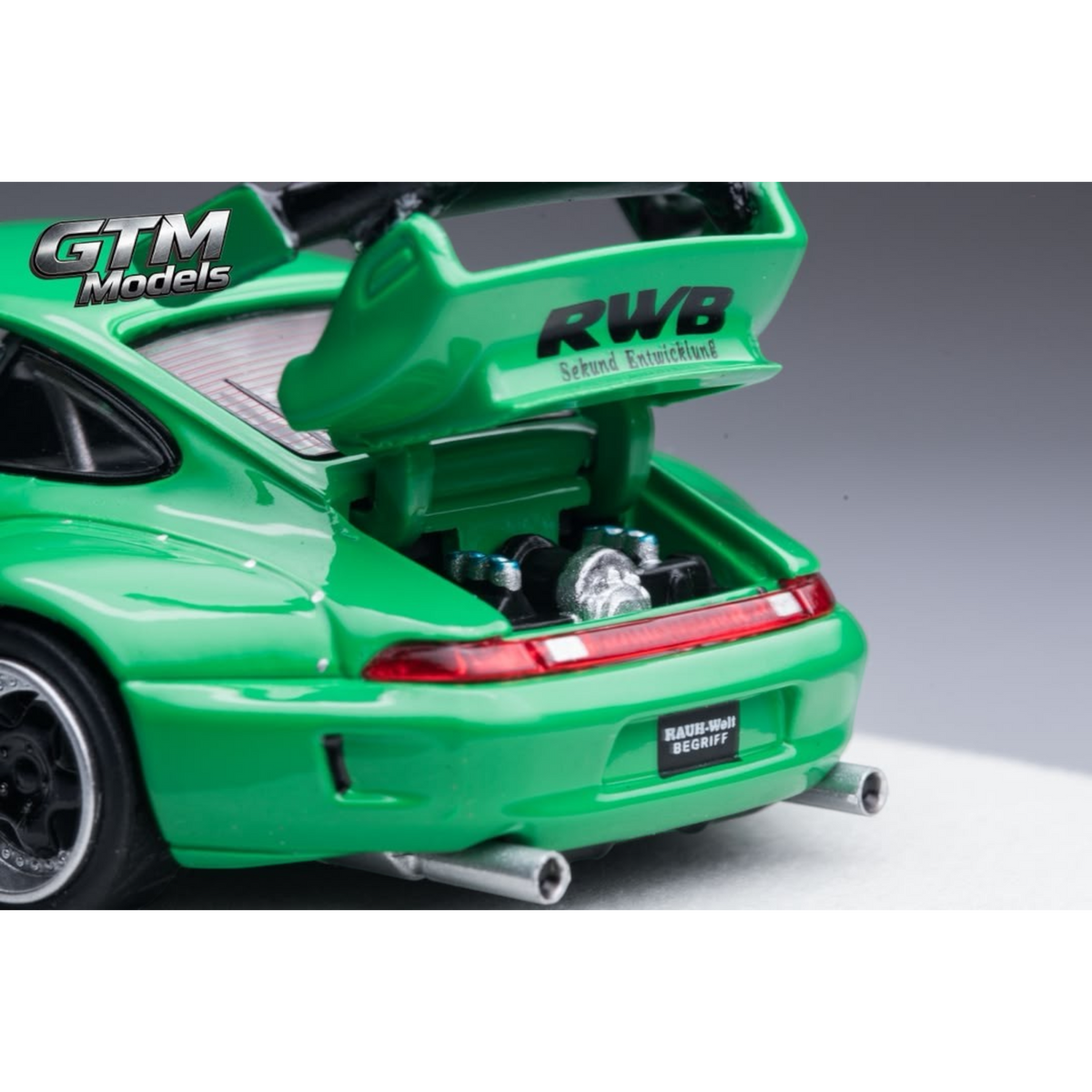 Lot57Supplies Diecast Shop GTM 1:64 scale green RWB993 diecast model car with open engine bay and rear spoiler