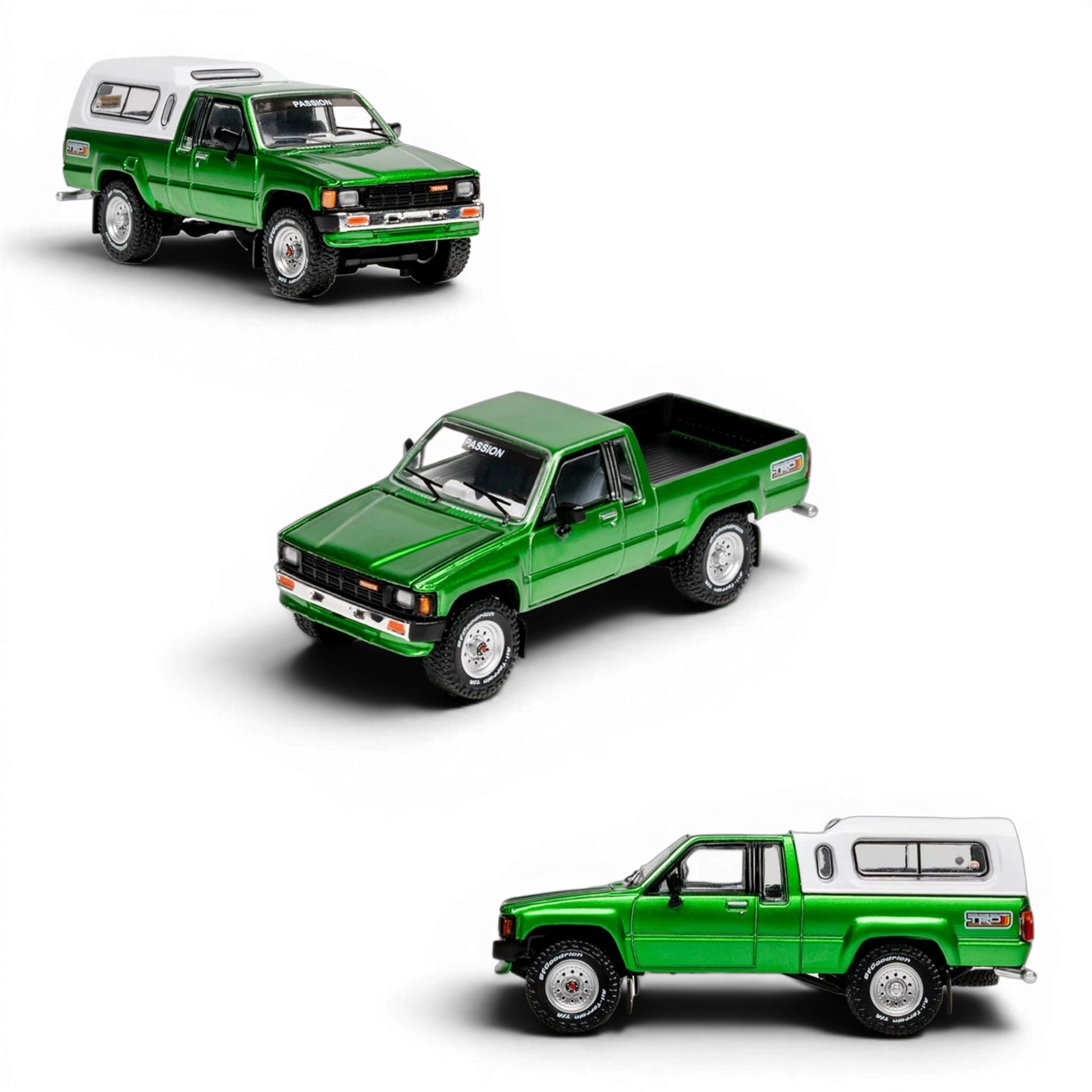 Lot57Supplies Diecast Shop GCD 1:64 scale green Toyota Hilux Xtra Cab diecast pickup truck with white camper shell