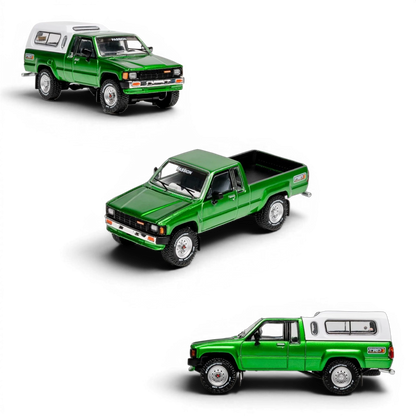 Lot57Supplies Diecast Shop GCD 1:64 scale green Toyota Hilux Xtra Cab diecast pickup truck with white camper shell