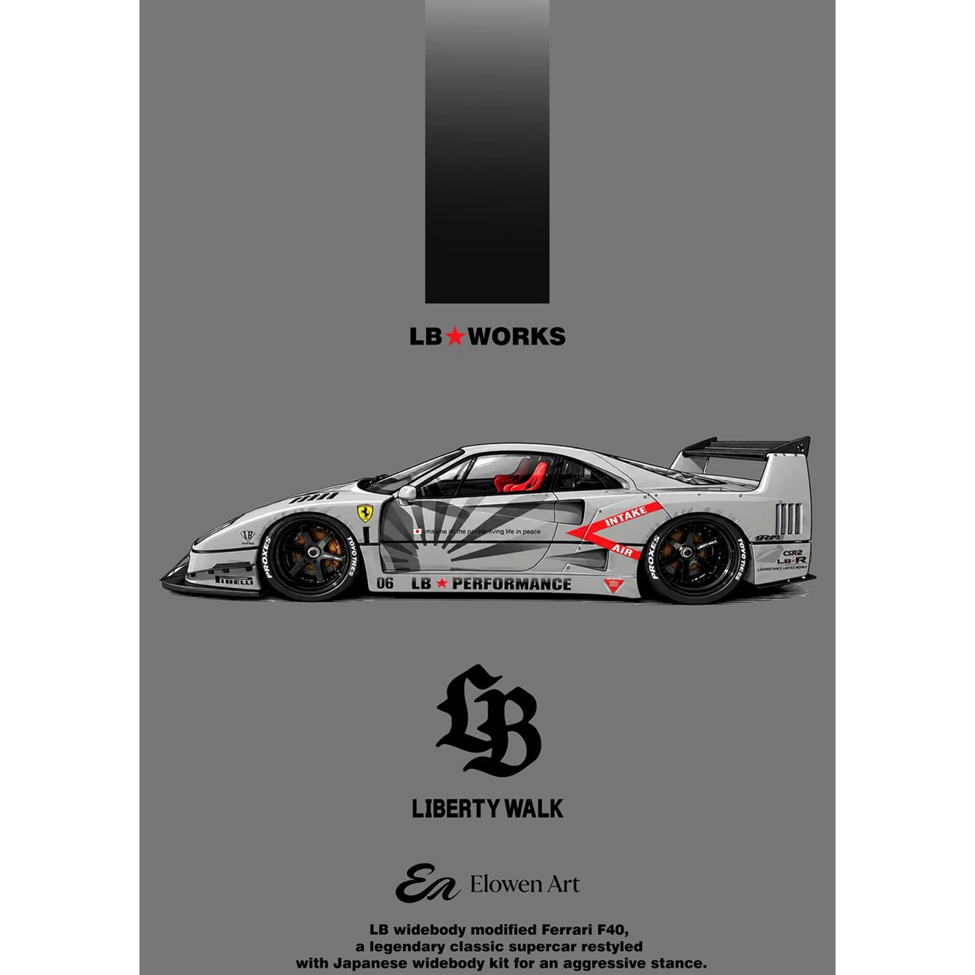 Lot57Supplies Diecast Shop Elowen Art 1:64 scale grey Ferrari F40 LBWK diecast model with widebody kit and decals