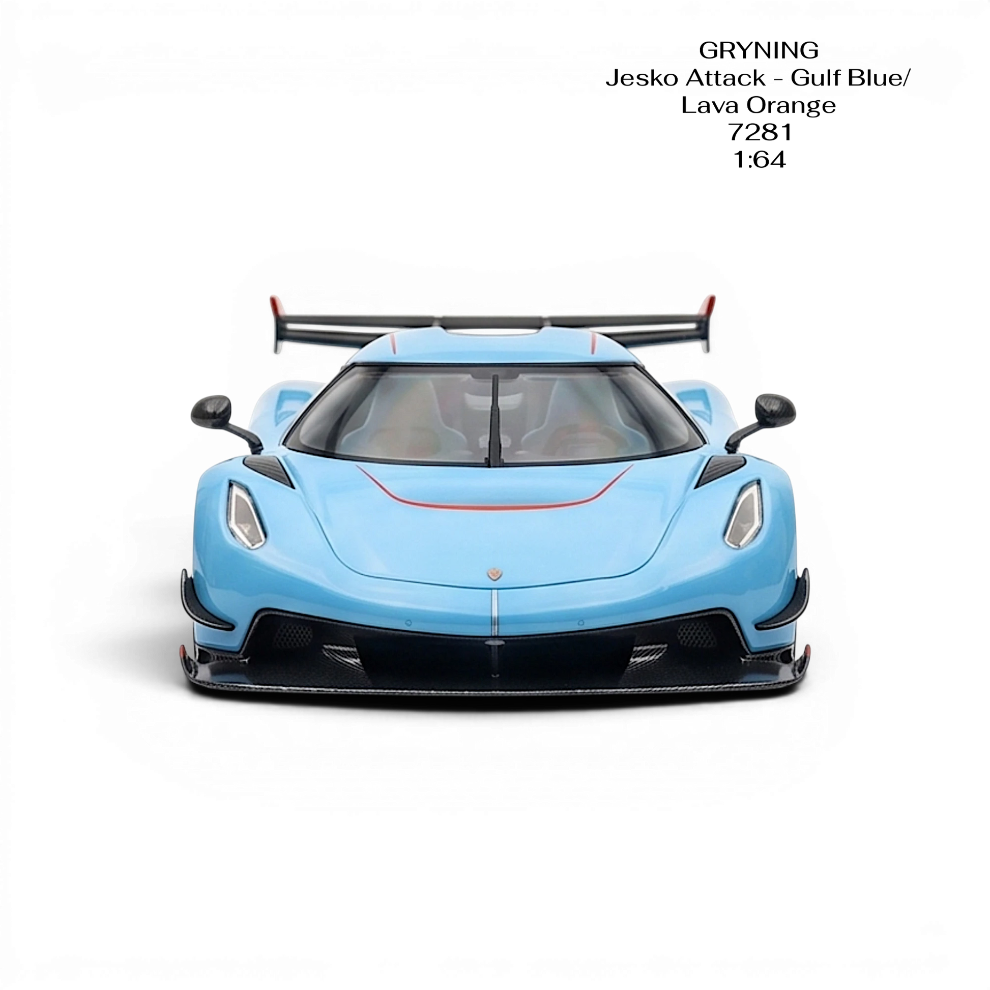 Lot57Supplies Diecast Shop GRYNING Jesko Attack 1:64 scale model in Gulf Blue and Lava Orange resin with racing stripes.