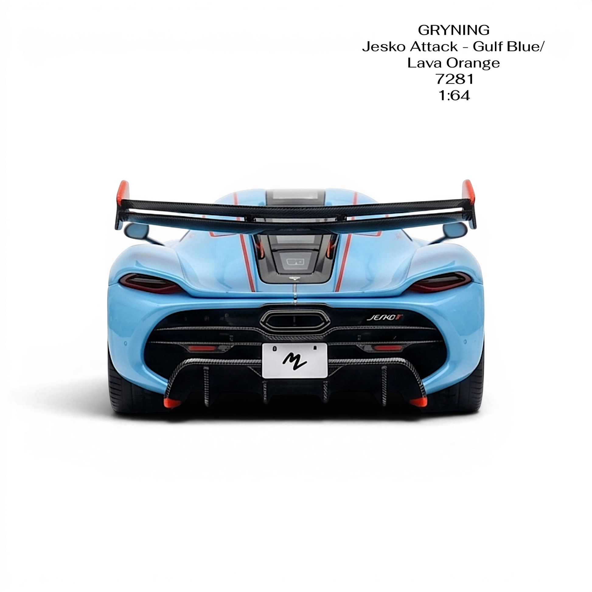 Lot57Supplies Diecast Shop GRYNING Jesko Attack 1:64 scale model in Gulf Blue and Lava Orange with racing stripes and carbon fiber accents.