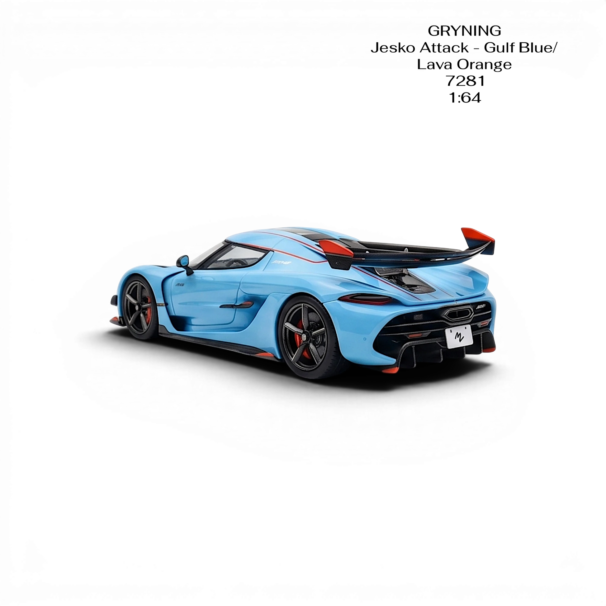 Lot57Supplies Diecast Shop GRYNING Jesko Attack 1:64 scale model in Gulf Blue and Lava Orange resin with racing spoiler.