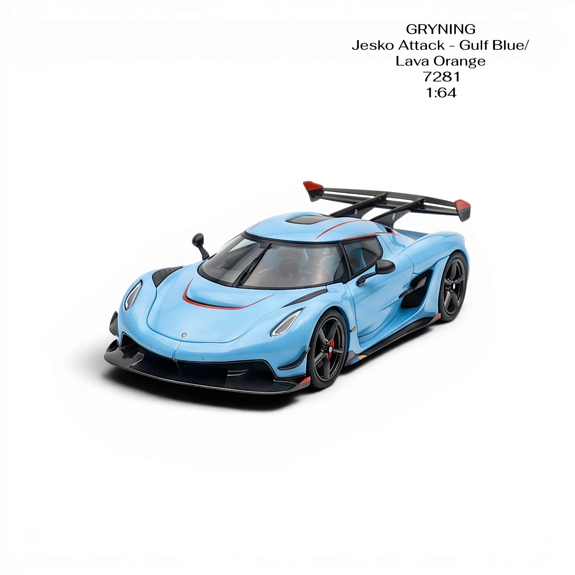 Lot57Supplies Diecast Shop GRYNING Jesko Attack 1:64 scale model in Gulf Blue and Lava Orange resin with red accents.