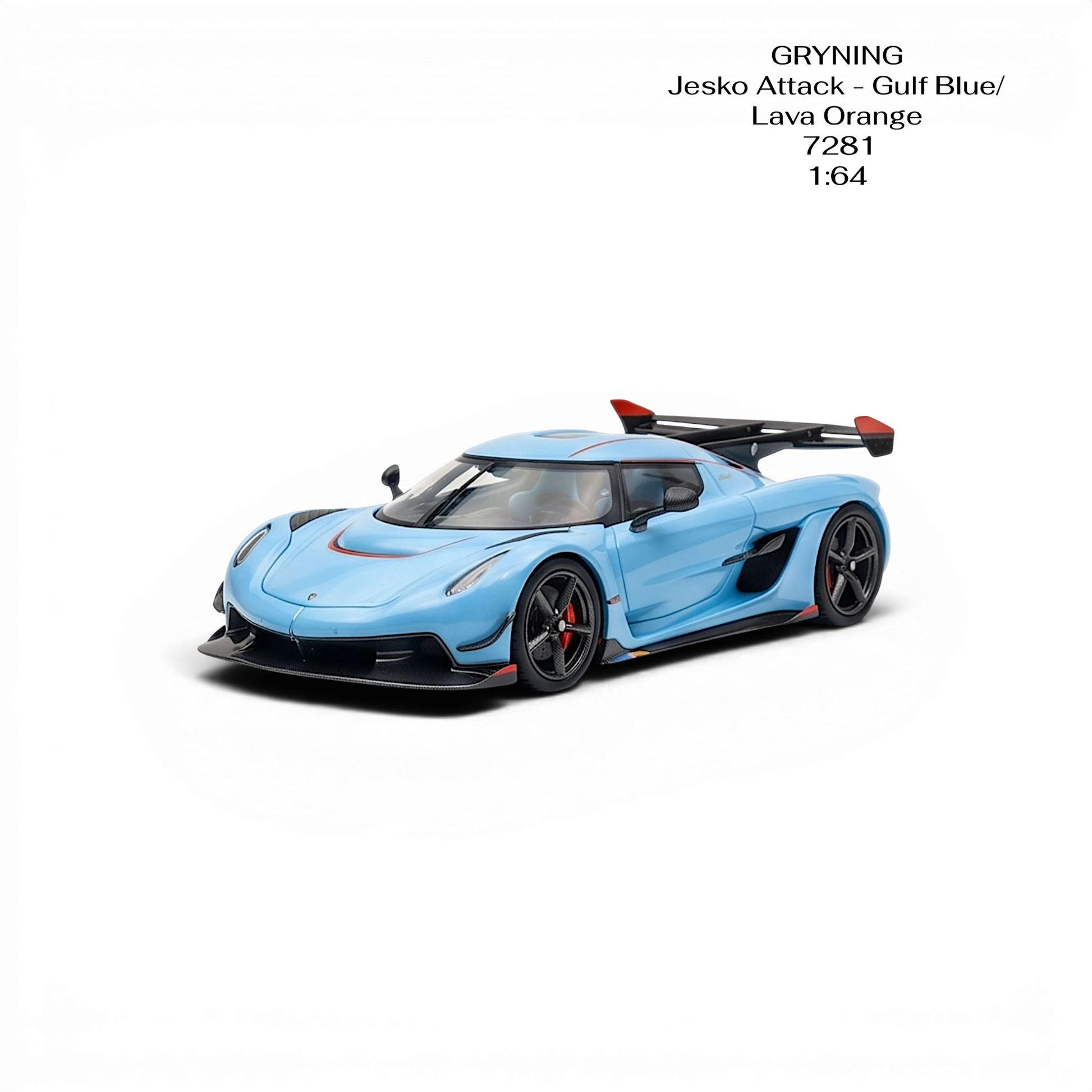 Lot57Supplies Diecast Shop GRYNING 1:64 scale Koenigsegg Jesko Attack in Gulf Blue and Lava Orange resin model car.